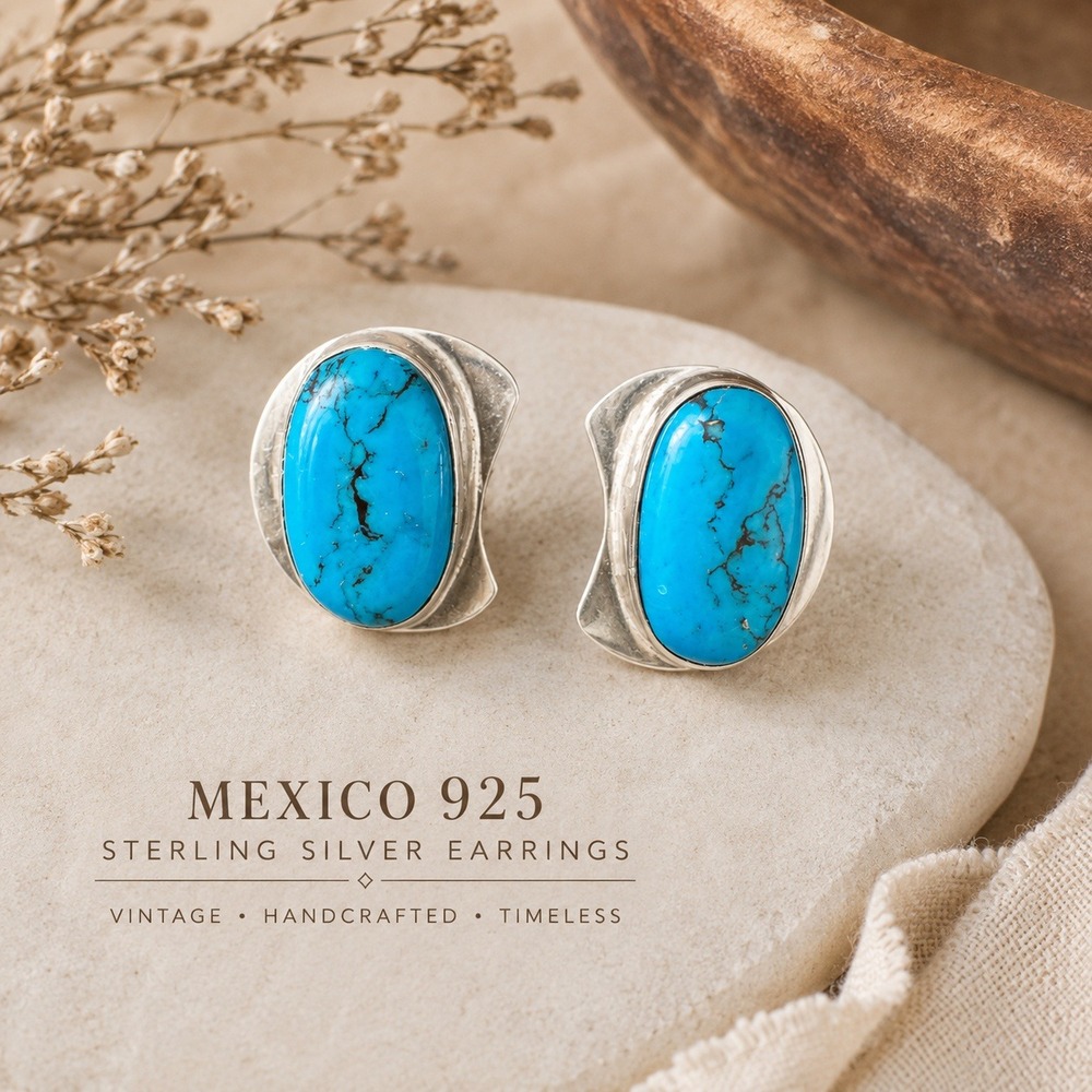 Vtg‎ Mexico 925 Sterling Silver Turquoise Earrings Southwestern Boho Statement